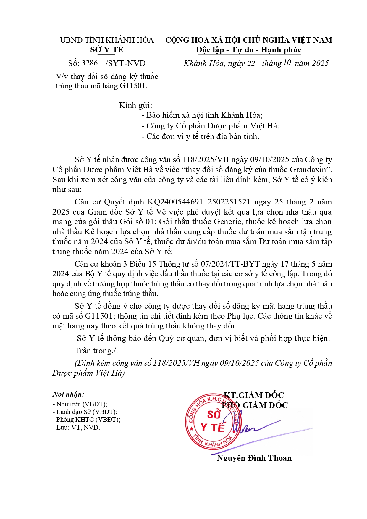 V/v thay đổi số đăng ký thuốc trúng thầu mã hàng G11501.